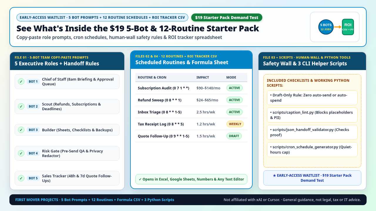 See What's Inside the $19 5-Bot Executive Team and 12 Money-Saving Routines Starter Pack: 5 copy-paste bot role prompts, 12 cron-scheduled routine templates, human-wall safety checklist, and ROI tracker CSV